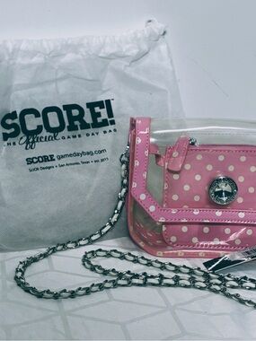 Stadium approved CLEAR baby Clutch NWT dustbag charm incl. pink white polkadot
